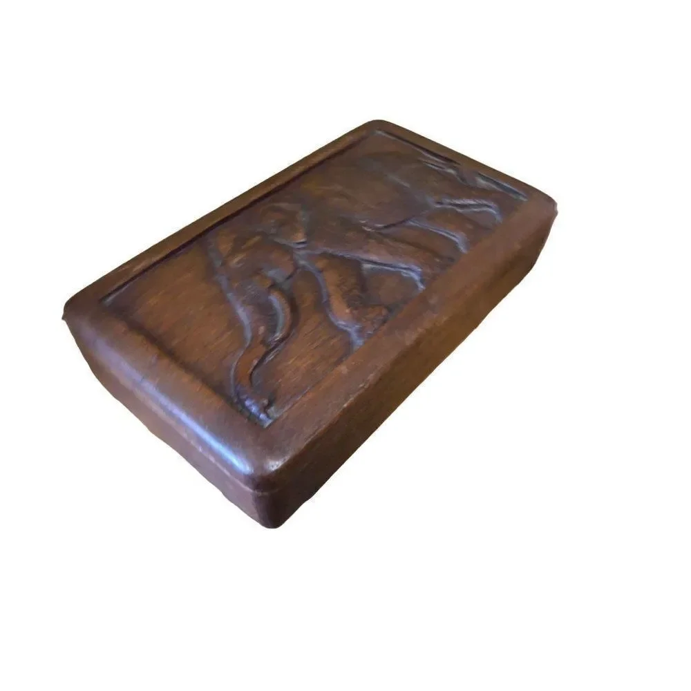 Vintage Carved Footed Wooden Treasure Chest Trinket Jewelry Box Elefant
